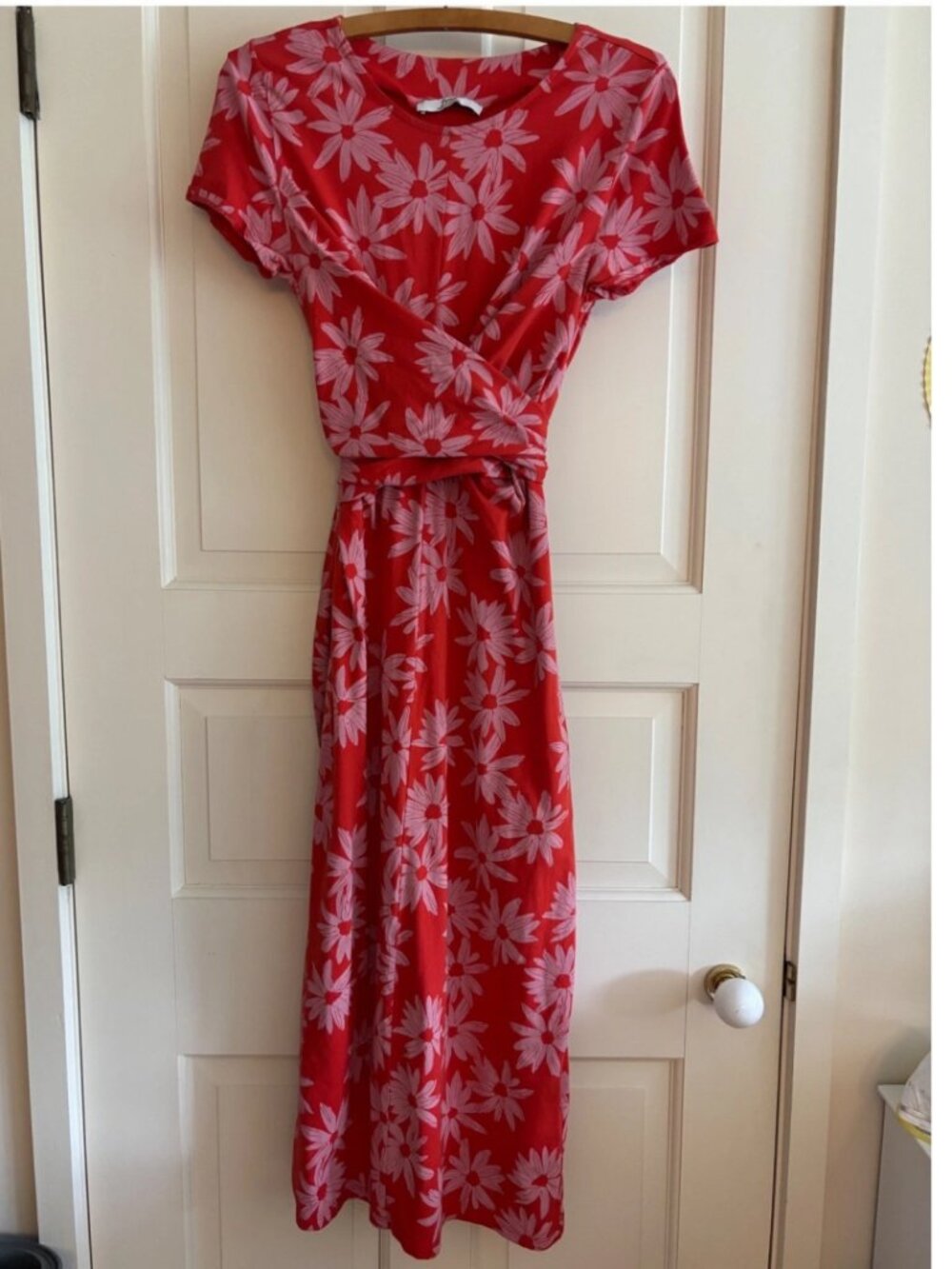 find. Red Pink Daisy Floral Wrap Waist Cotton Midi Dress Short Sleeve Portugal
